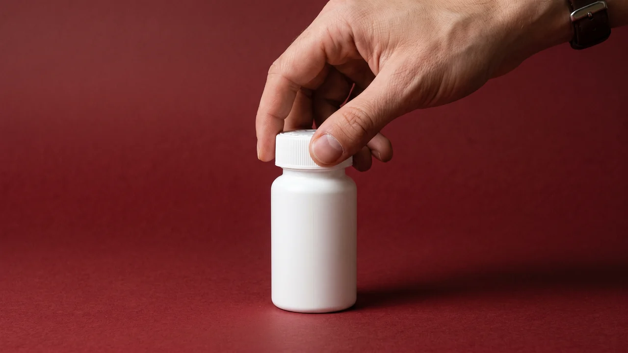 A hand turning the cap back onto an unlabelled white bottle on oxblood paper — closing it