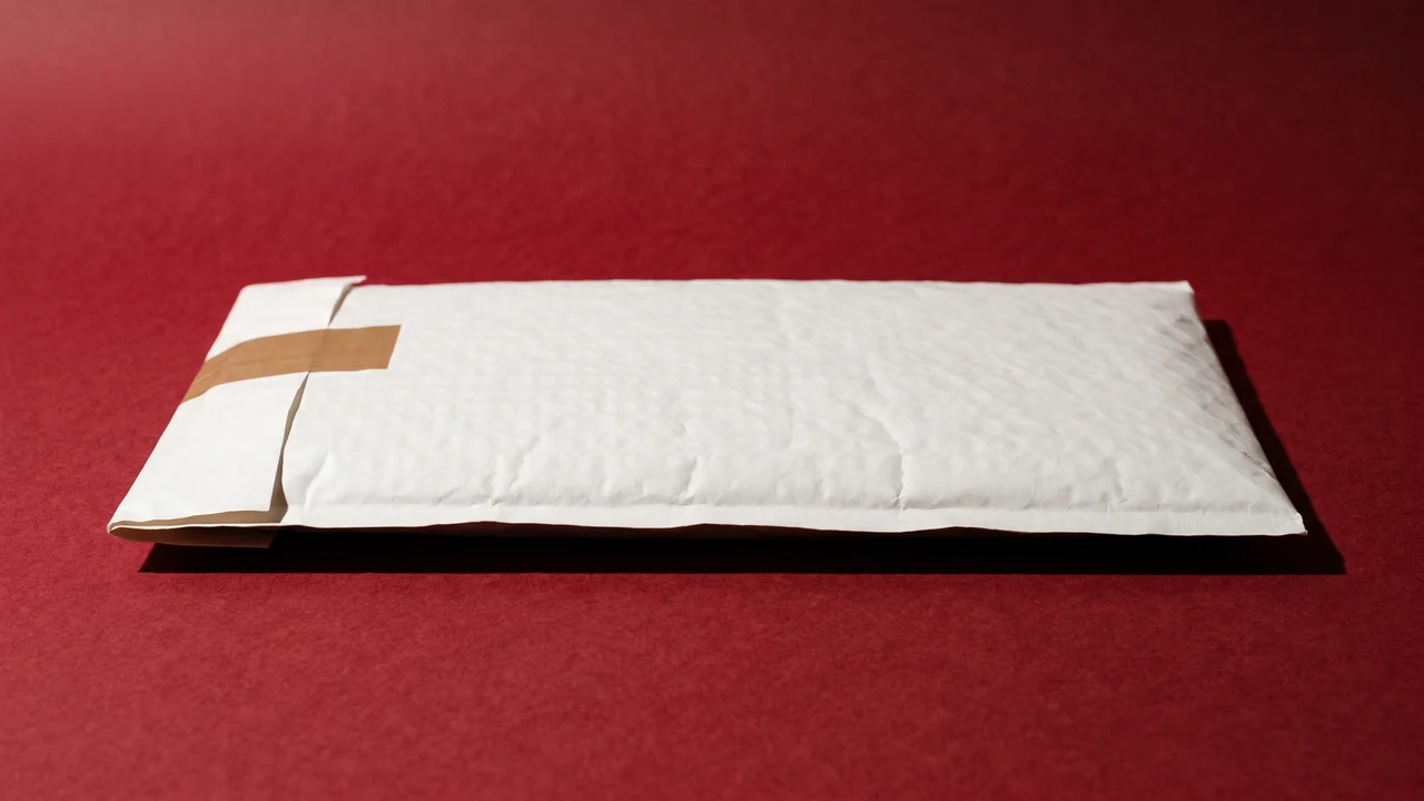 An unmarked padded mailer running across oxblood paper, seen low and close