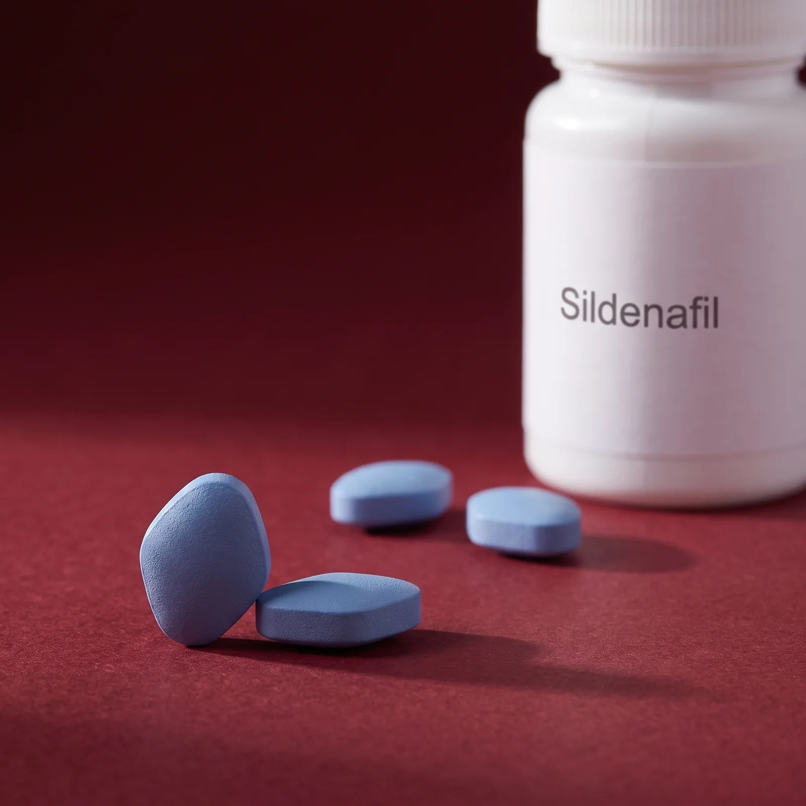 A plain white bottle labelled Sildenafil at the back of the frame with tablets sharp in the foreground