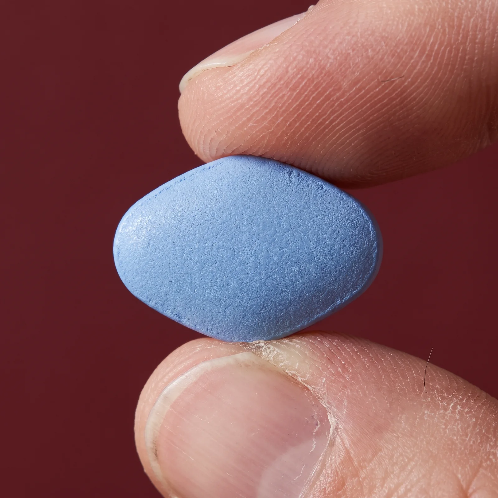 Macro of a single tablet held between a fingertip and thumb