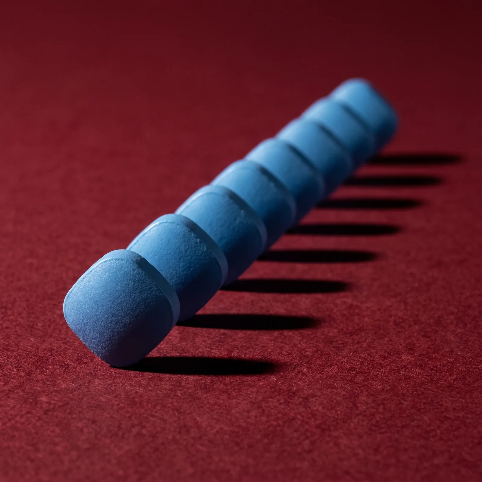 Seven tablets laid in a receding row across oxblood paper, each with its own hard shadow