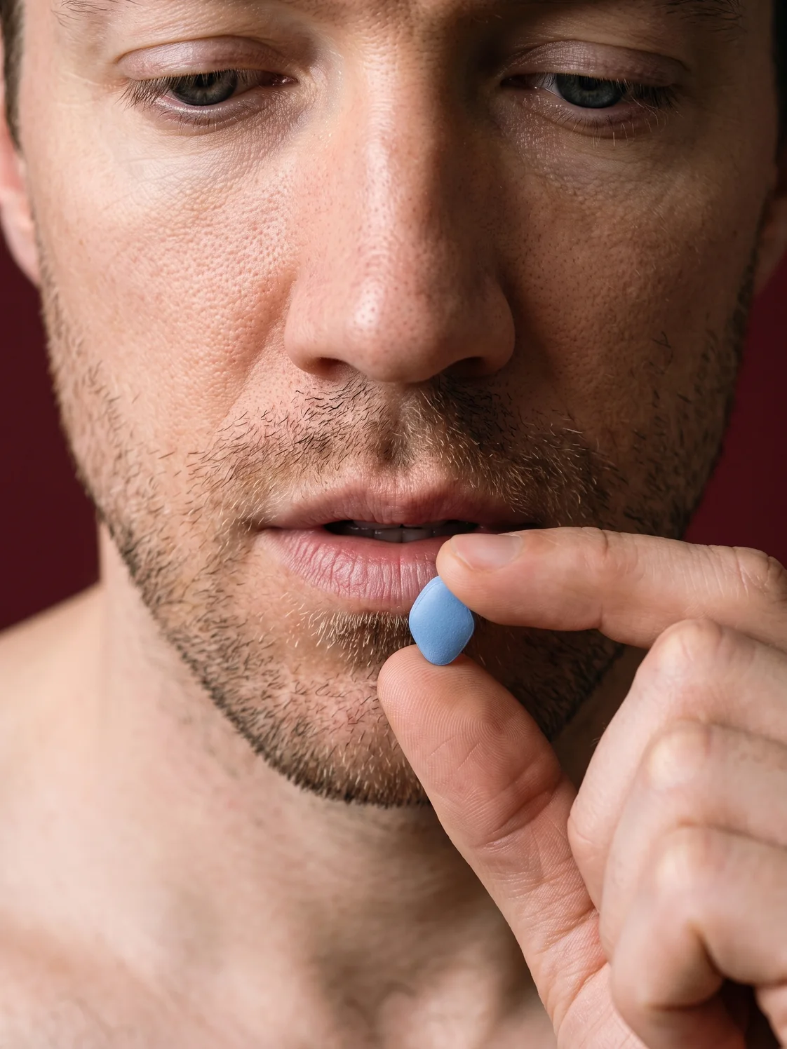 A close crop of a man holding a single tablet between finger and thumb, just short of his lips