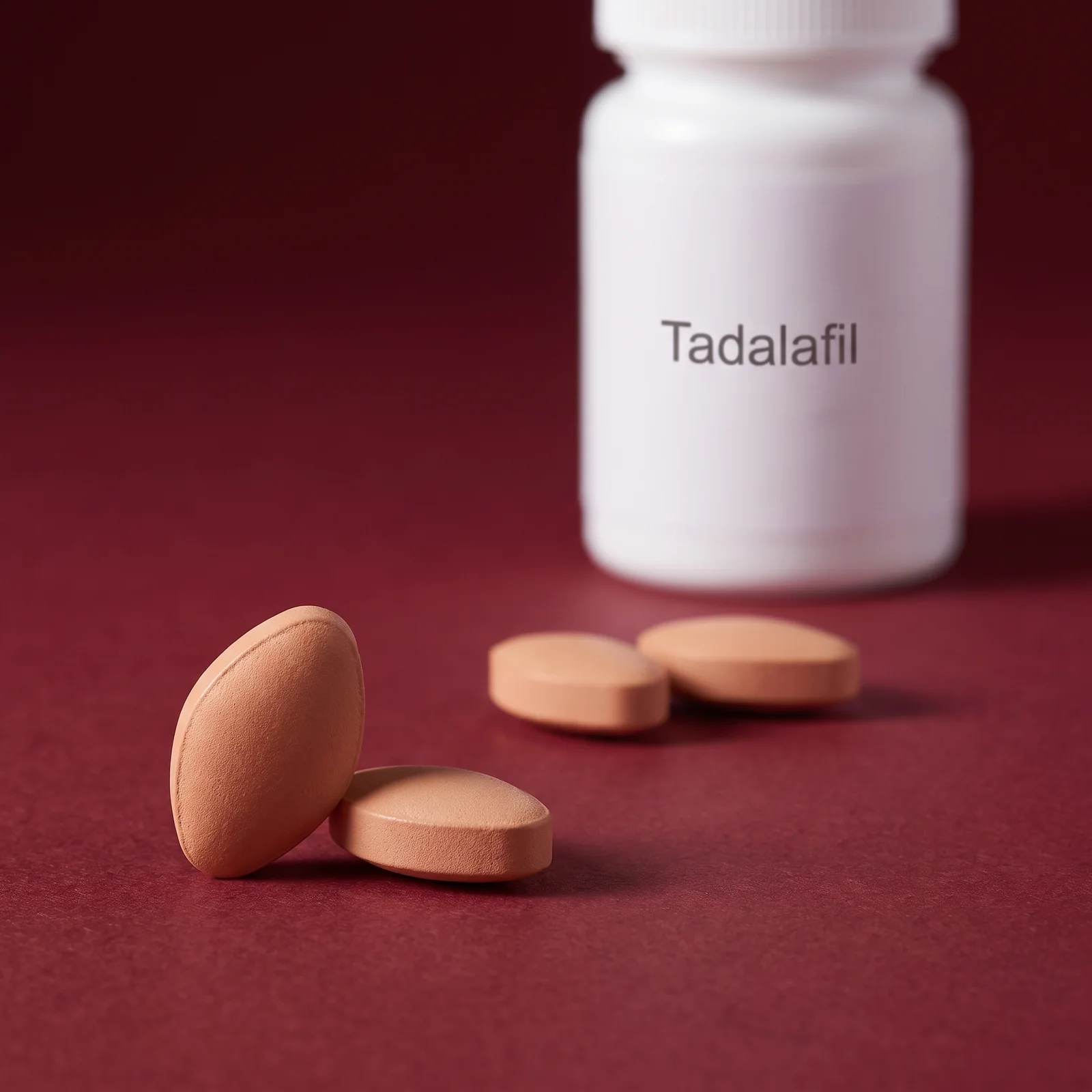 A plain white bottle labelled Tadalafil at the back of the frame with tablets sharp in the foreground