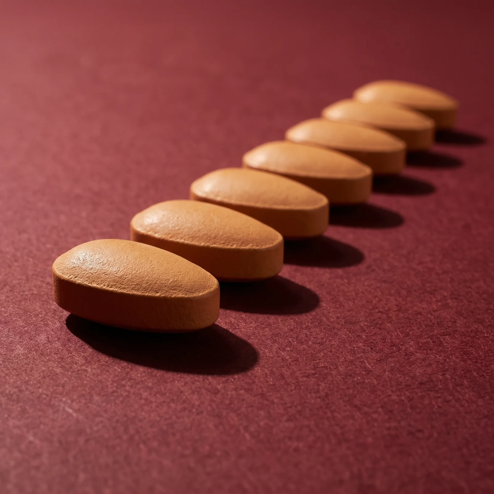 Seven tablets laid in a receding row across oxblood paper, each with its own hard shadow