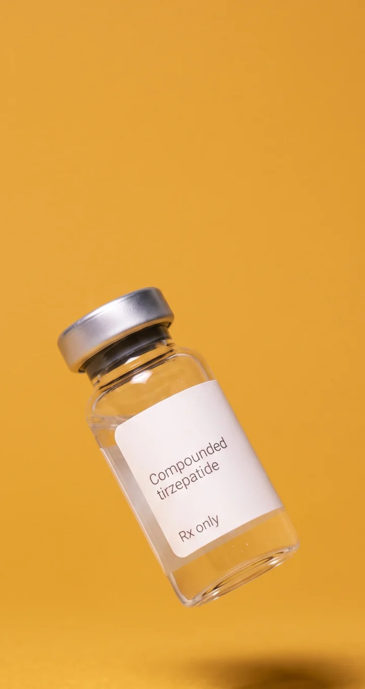 A vial of compounded tirzepatide standing on flat amber seamless paper, cropped tall